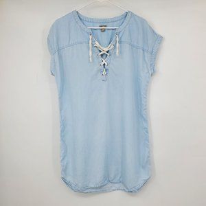 Aerie Chambray Lace Up‎ Neck Women's Dolman Sleeve Shirt Dress Small